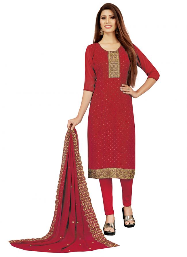 Georgette Red Casual Wear Embroidery Work Churidar Suit